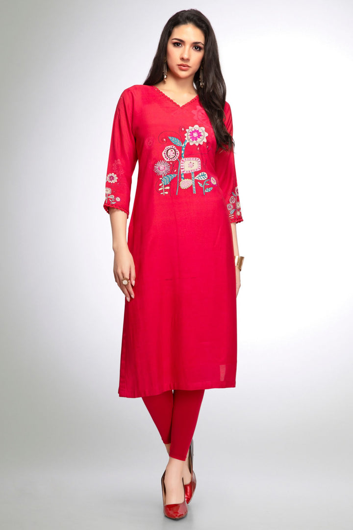 Tomato Red Mirror, Stone, Zari and Thread work with Digital Print Calf Length Kurti