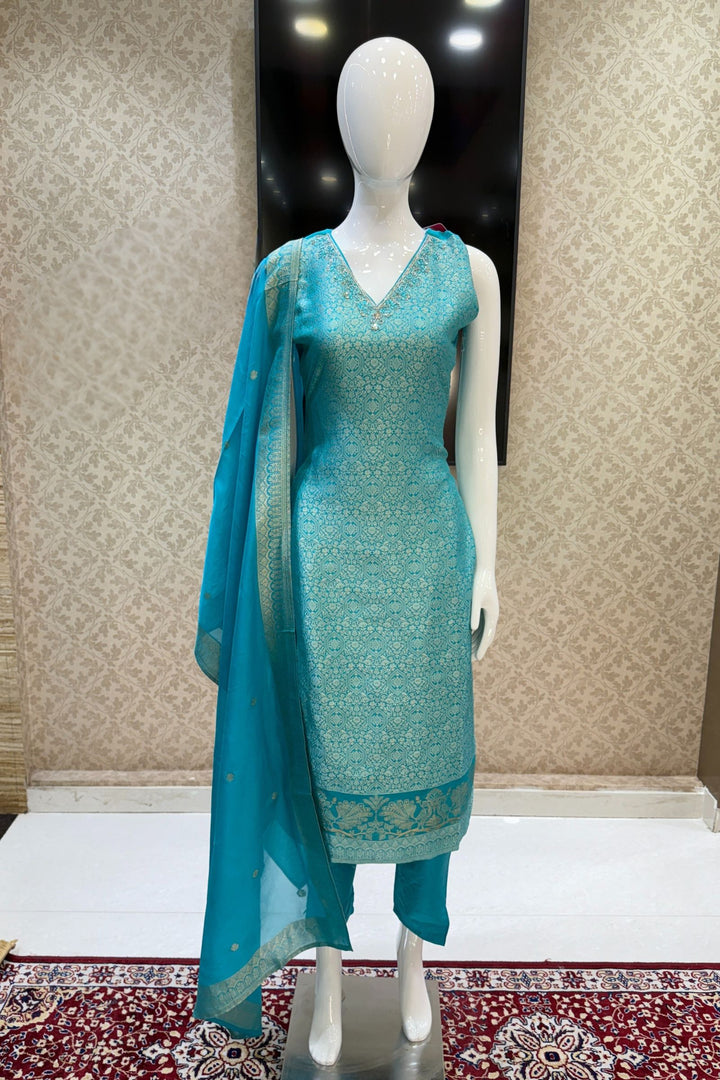 Firozi Blue Jacquard, Beads, Zardozi, Mirror and Sequins work Straight Cut Salwar Suit