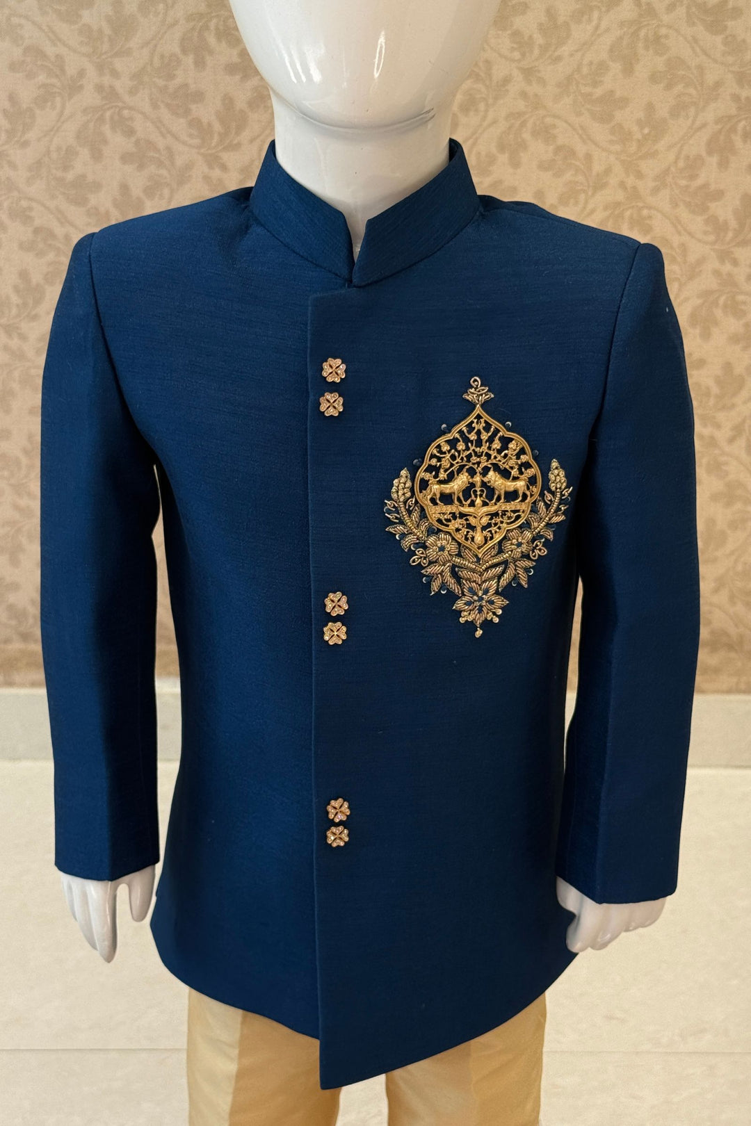 Teal Blue with Gold Zardozi and Zari work Jodhpuri Suit for Boys