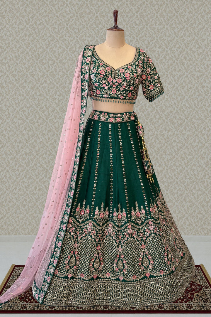 Bottle Green Bridal Lehenga with Pink Dupatta and Stone, Embroidery work