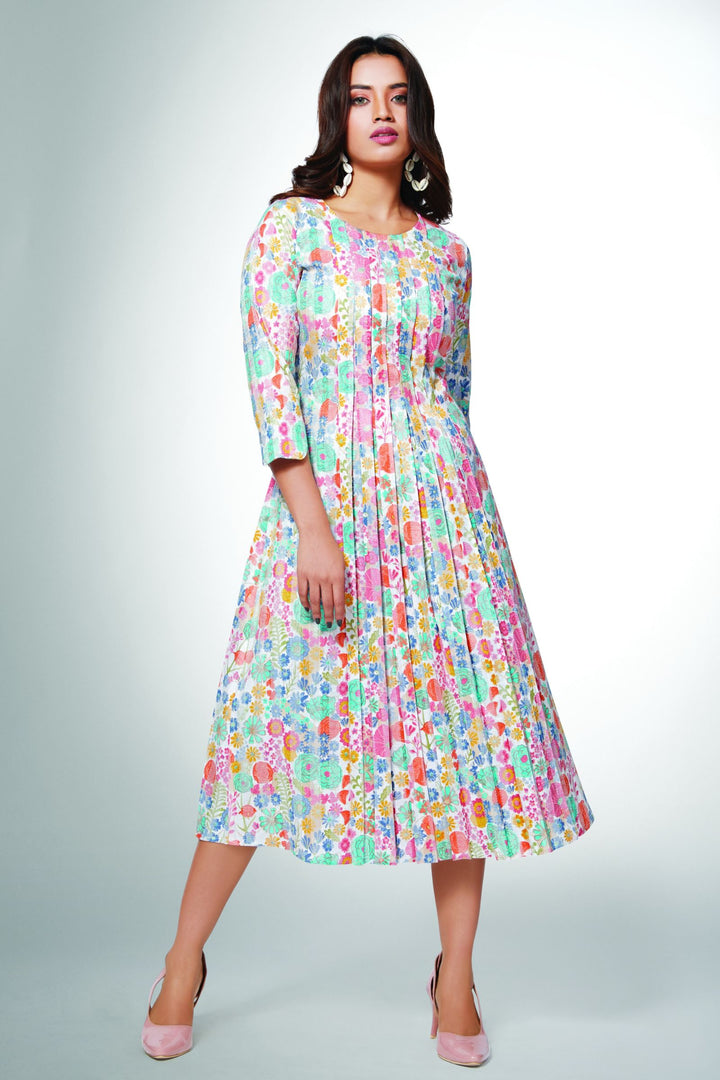 White with Floral Print Aline Cut Calf Length Kurti