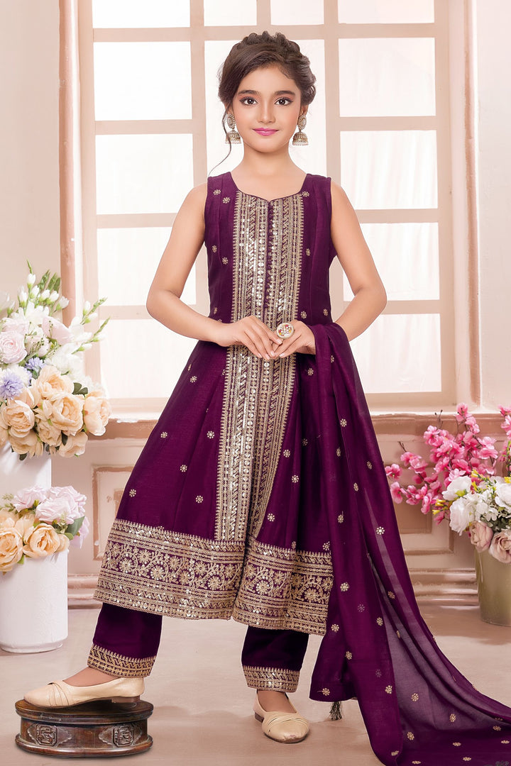 Wine Sequins and Zari work Salwar Suit for Girls
