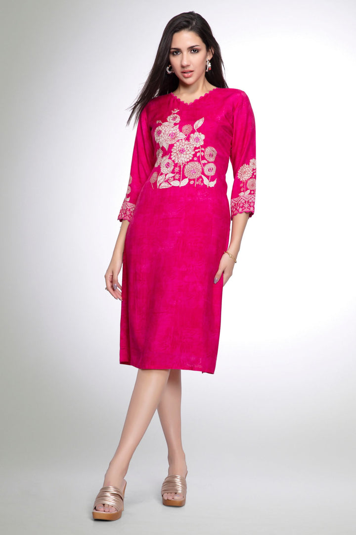Rani Pink Emrboidery, Zari and Mirror work with Floral Print Calf Length Kurti