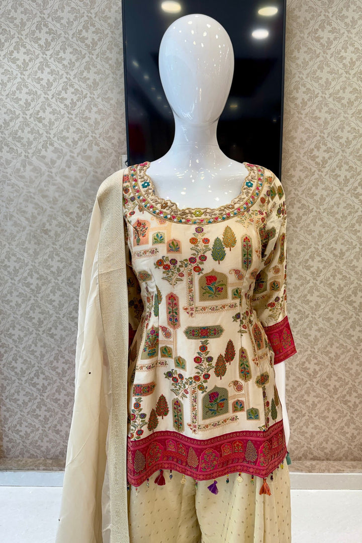 Beige Beads, Mirror, Zardozi and Banaras work Palazzo Salwar Suit
