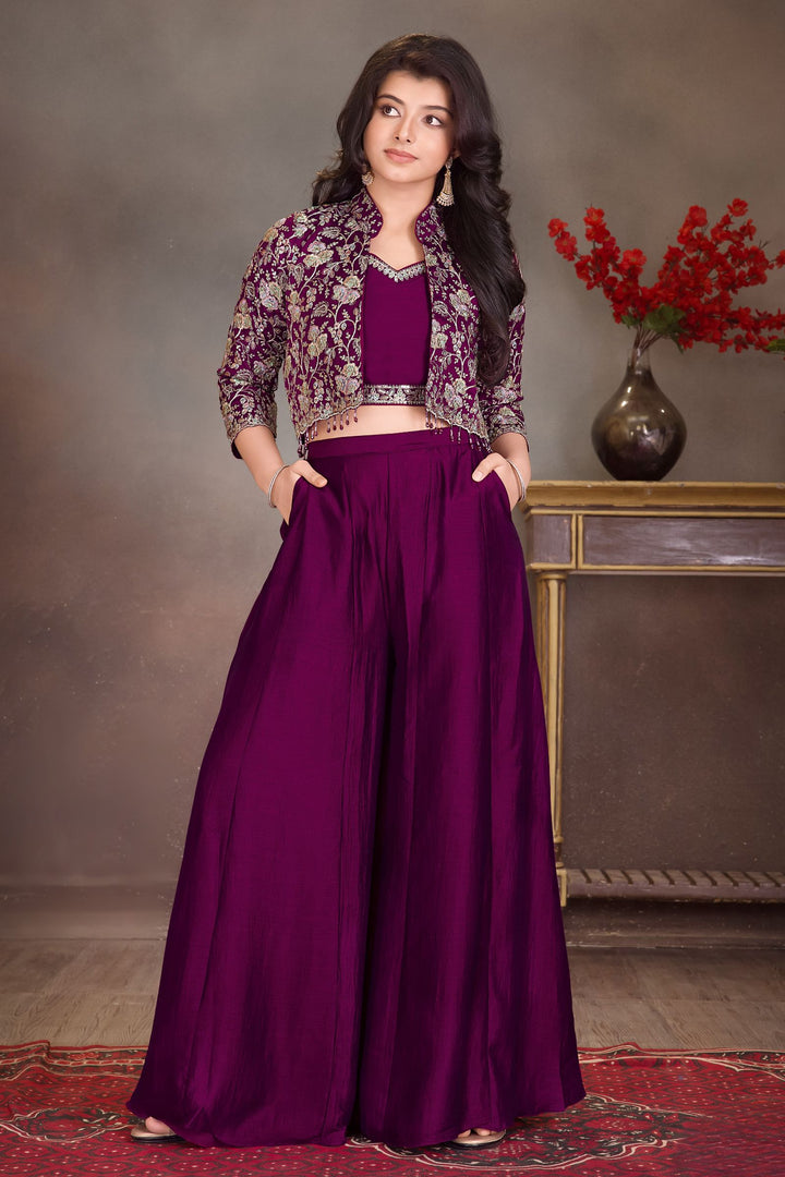 Wine Multicolor Embroidery, Zari, Sequins and Beads work Jacket Styled Palazzo Set for Girls