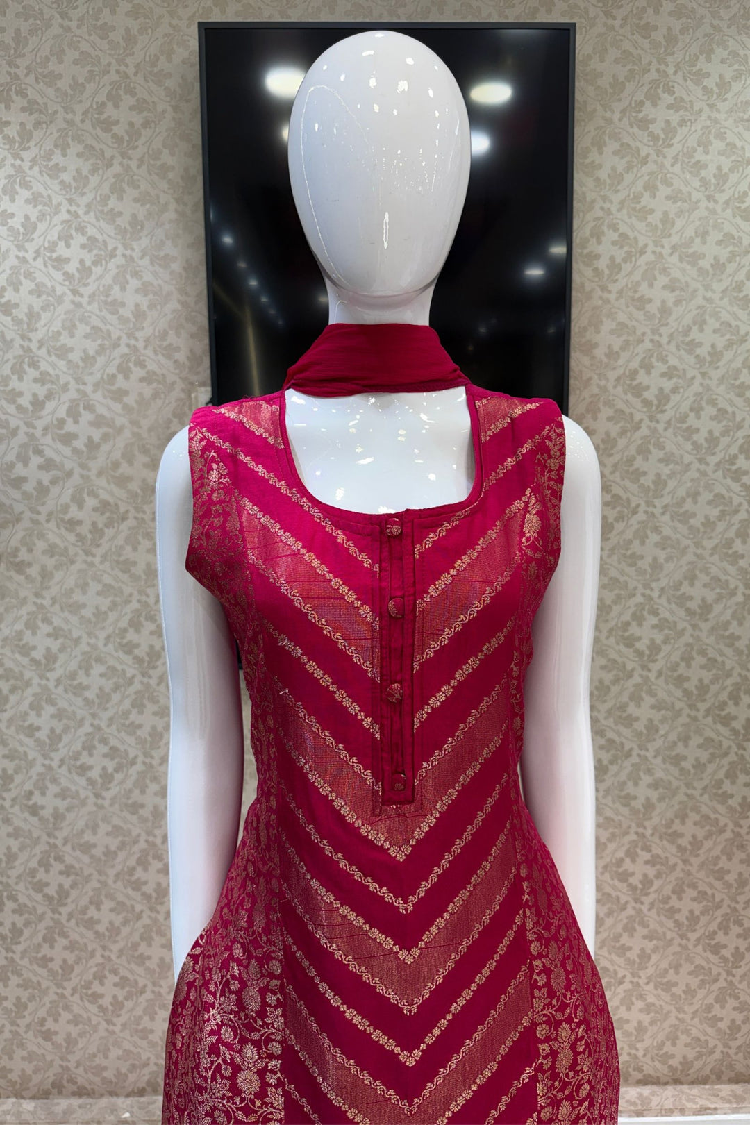 Rani Pink Banaras work Straight Cut Salwar Suit