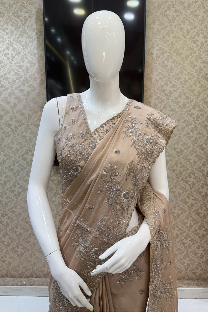Beige Zari and Sequins work Saree