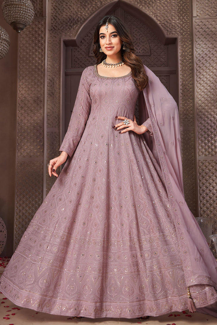 Onion Pink Embroidery, Beads, Mirror, Zardozi and Zari work Floor Length Anarkali Suit