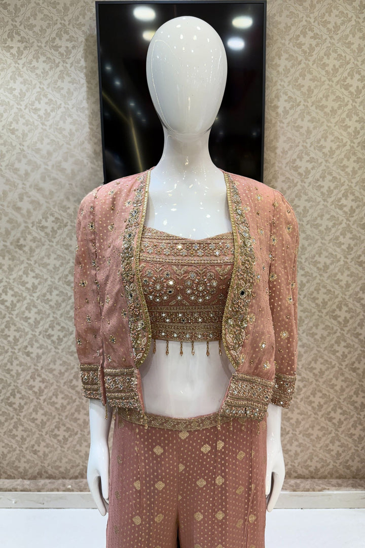 Peach Stone, Zari and Sequins work Crop Top with Overcoat Styled Palazzo Suit Set