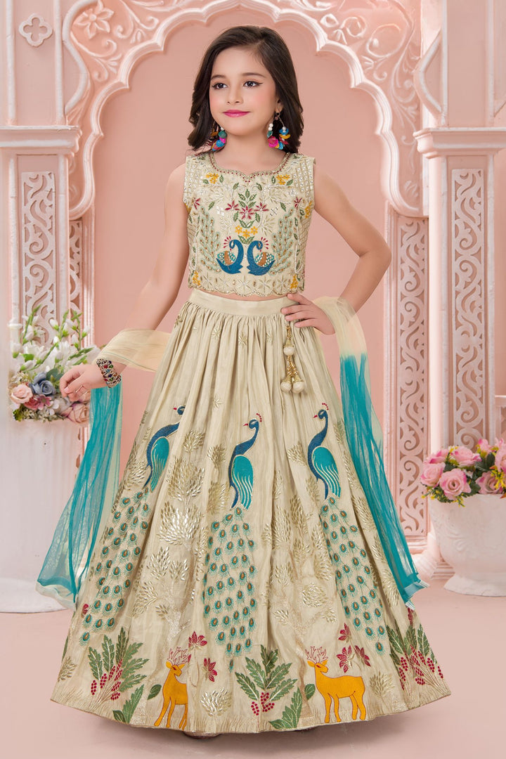 Cream Multicolor Embroidery, Sequins, Zari, Beads and Stone work Lehenga Choli for Girls