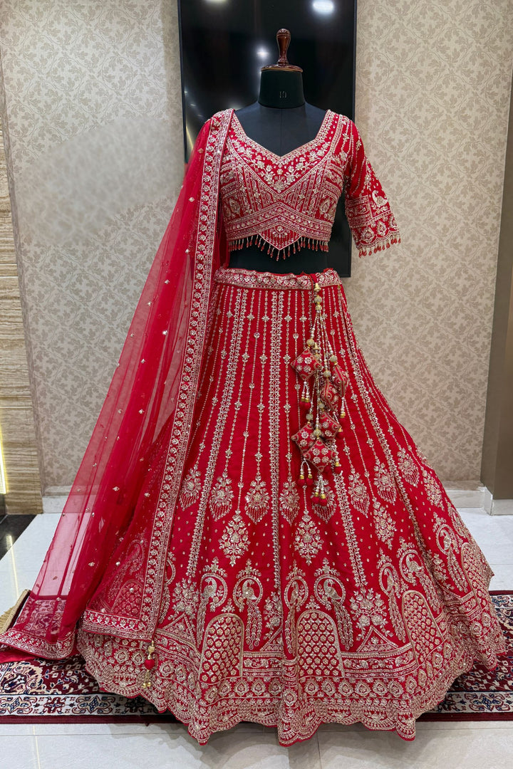 Red Beads, Zari, Zardozi, Thread and Sequins work Crop Top Designer Bridal Lehenga