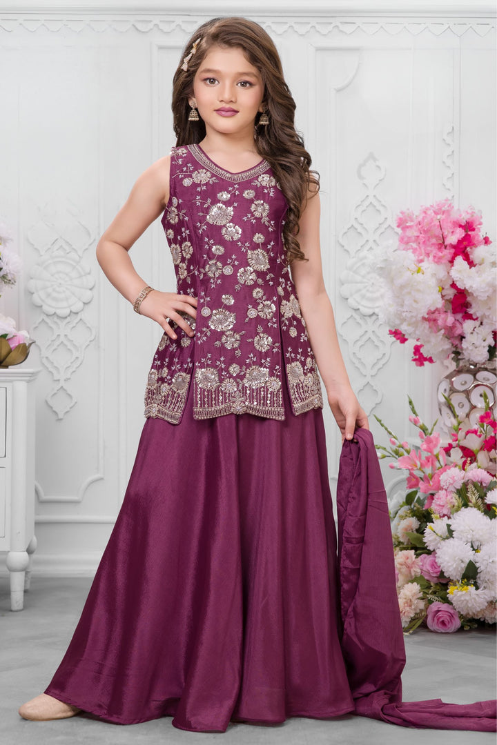 Onion Pink Sequins, Beads and Thread work Palazzo Suit Set for Girls