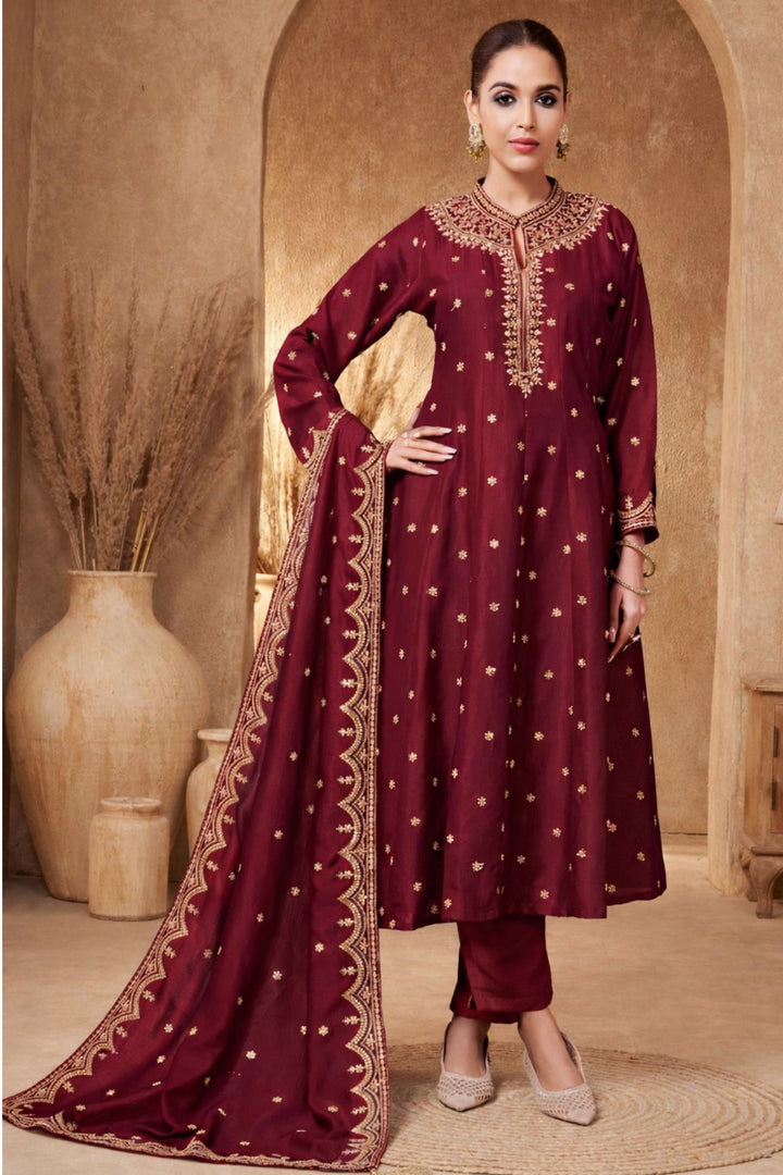 Wine Zari, Zardozi, Sequins and Stone work A-line Cut Salwar Suit