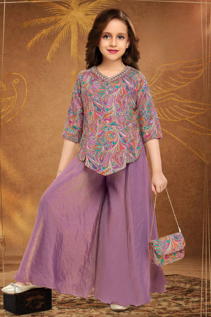 Lavender  Sequins and Mirror work with Multicolor Digital Print Palazzo Suit Set for Girls