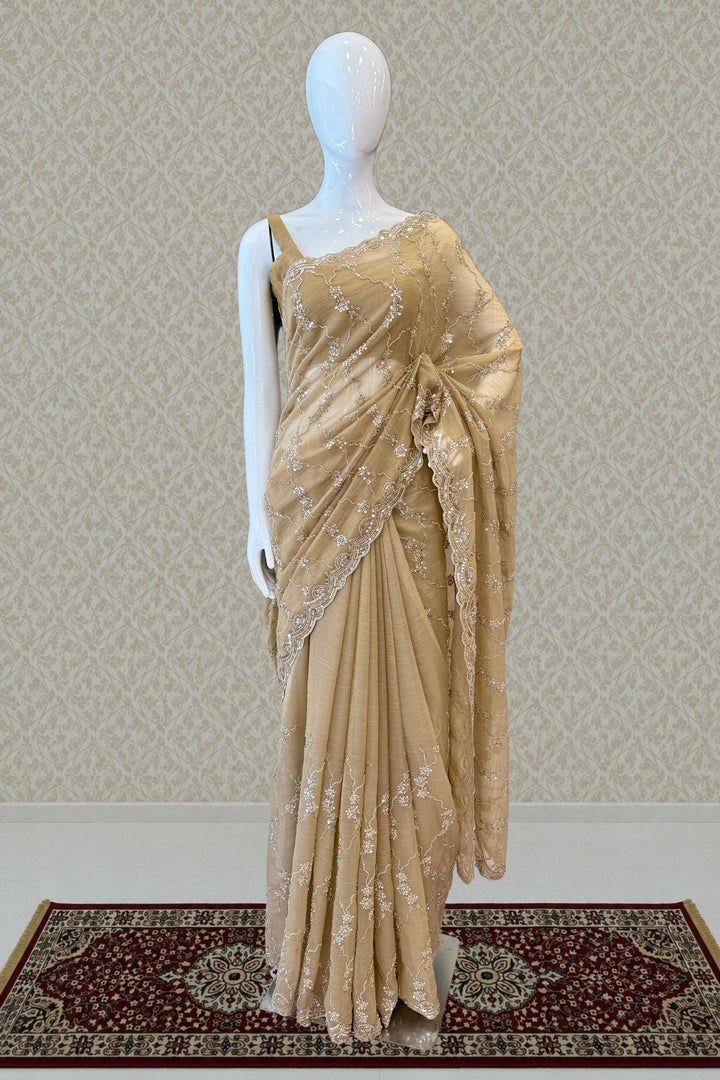 Chiku Saree with Beads, Zari and Sequins work