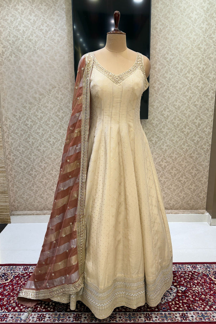 Beige Zari, Beads, Zardozi and Stone work Floor Length Anarkali Suit