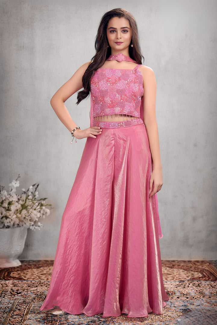 Pink Beads and Sequins work Palazzo Suit Set for Girls