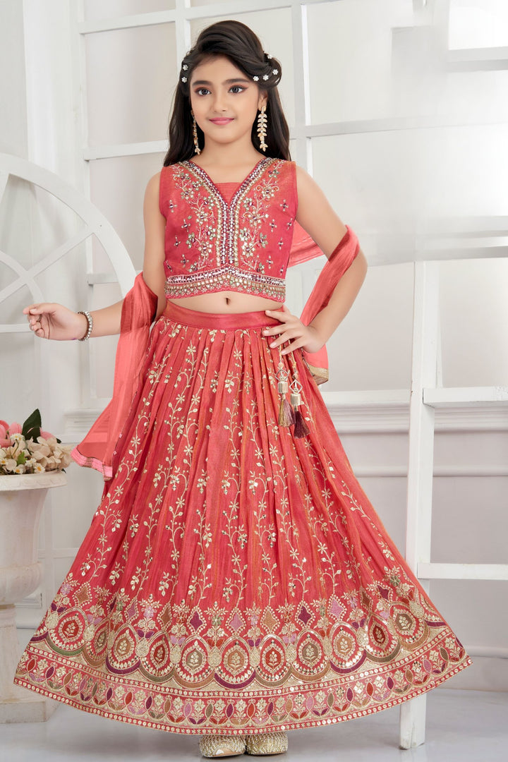 Tomato Red Mirror, Zardozi, Zari, Beads and Sequins work Lehenga Choli for Girls