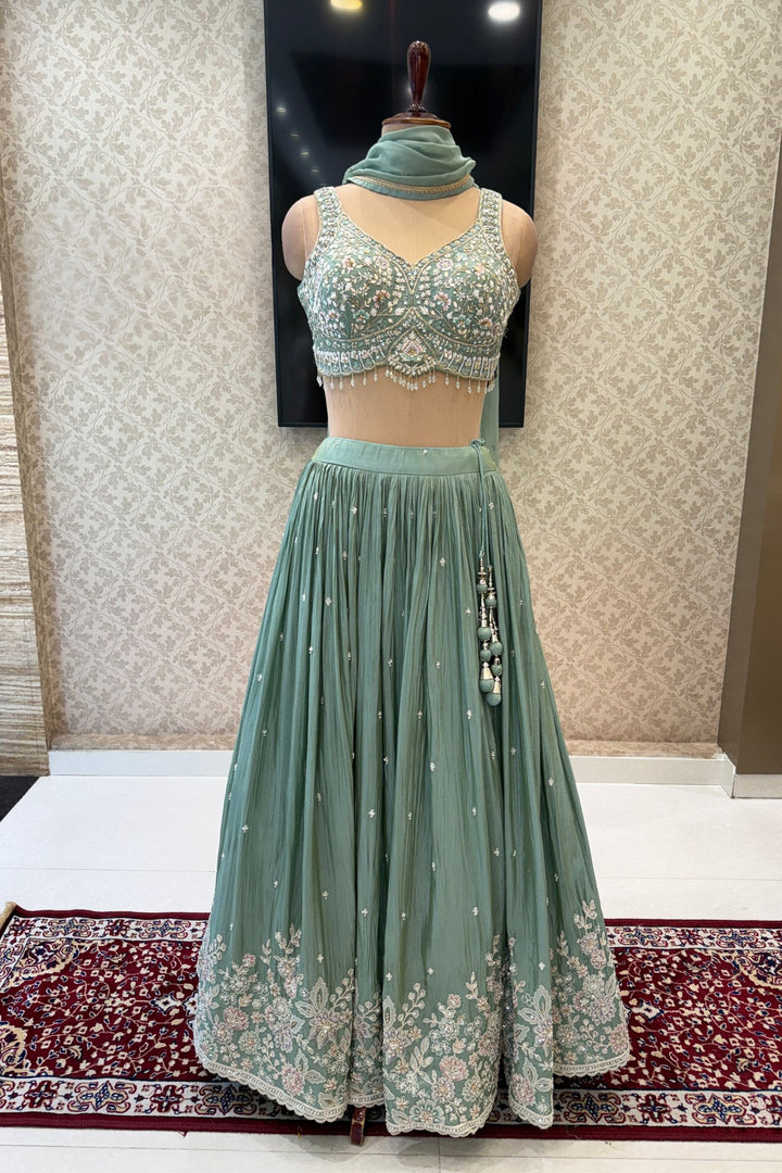 Sea Green Mirror, Stone, Zardozi, Beads and Embroidery work Lehenga