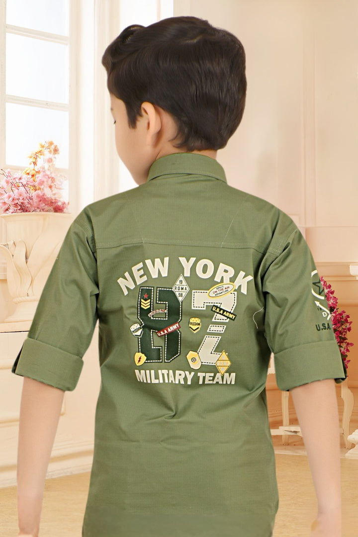 Pista Green Printed Shirt and Beige Pant Set for Boys