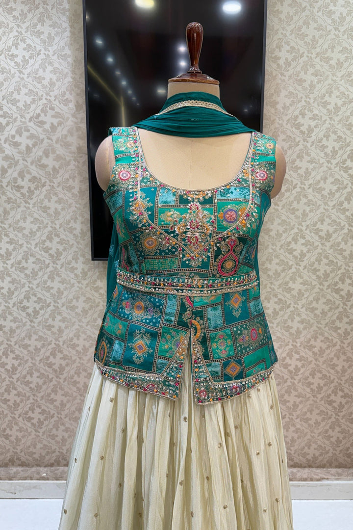 Green with Cream Banaras, Beads, Sequins, Zari and Stone work Peplum Style Lehenga