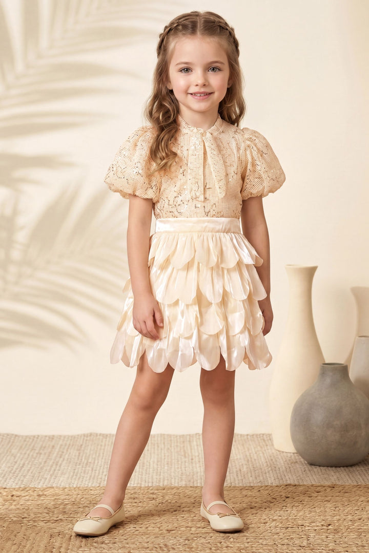 Beige Sequins work Top and Skirt for Girls