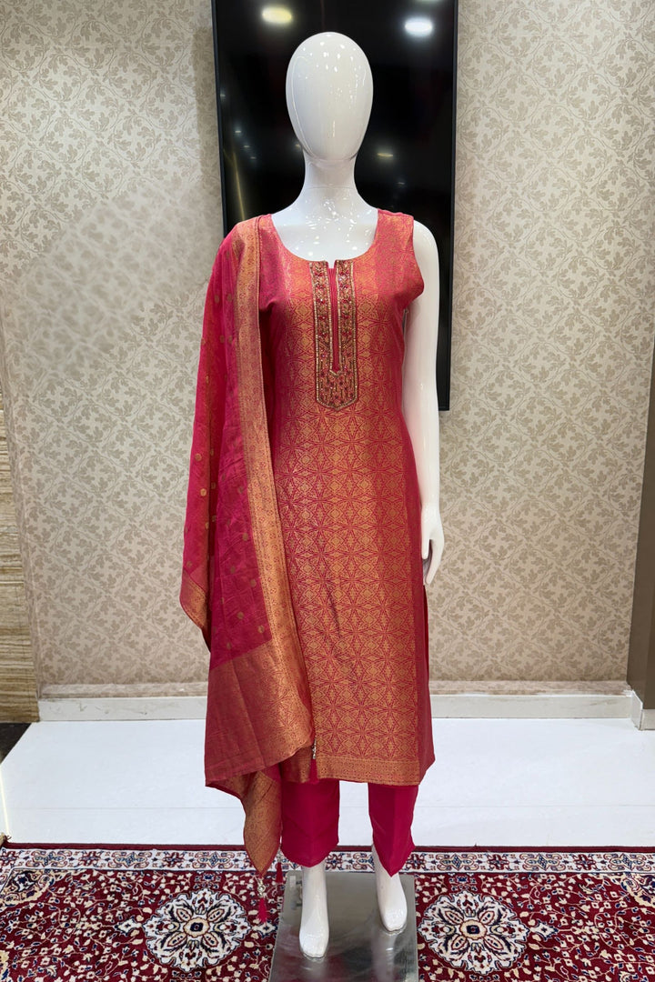 Pink Zardozi, Stone, Beads, Sequins and Brocade work Straight Cut Salwar Suit