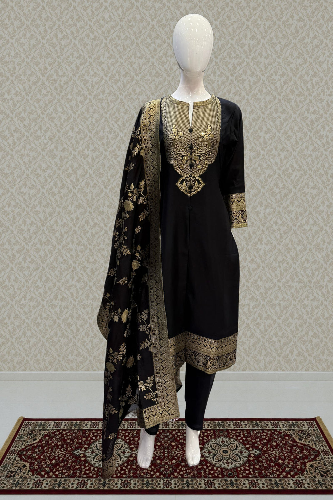 Black Straight Cut Salwar Suit with Stone, Mirror and Banaras work
