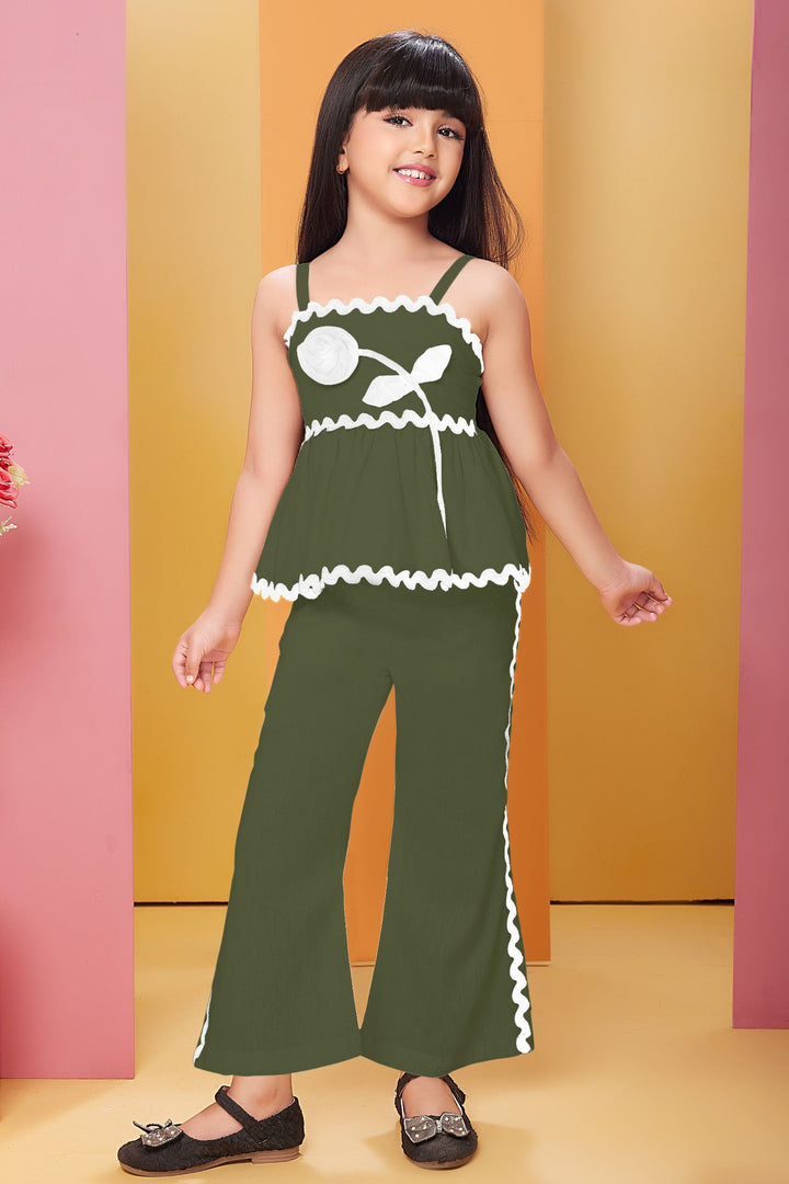 Bottle Green Lace work Top with Palazzo Set for Girls
