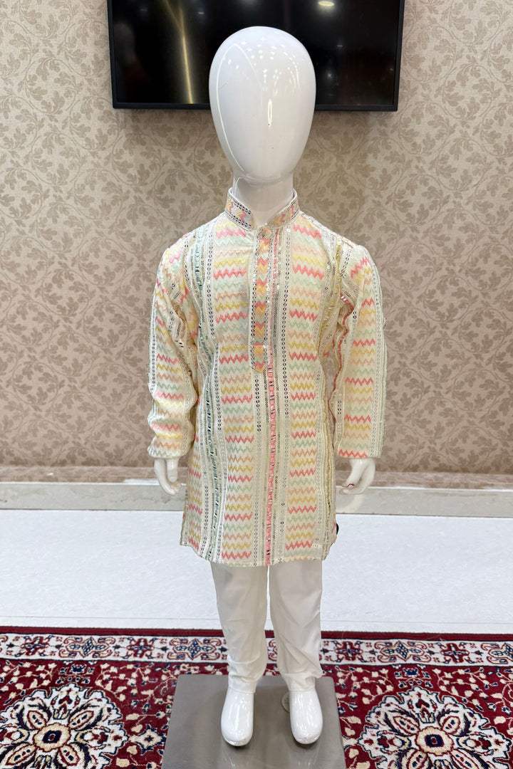 Cream Multicolor Thread and Sequins work Kurta Set for Boys