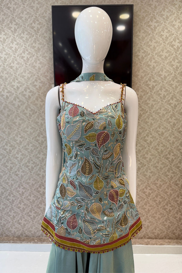 Sea Green Set Featuring All-Over Multicolour Thread and Bead Leaf Embroidery