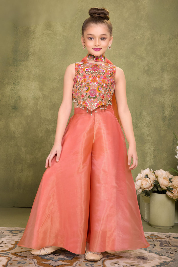 Orange Pearl, Sequins, Beads and Multicolor Embroidery work Palazzo Suit Set for Girls
