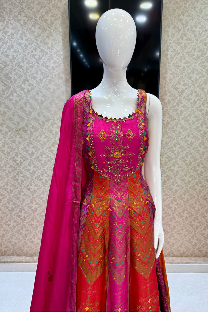 Multicolor Banaras, Zardozi and Beads work Anarkali Style Salwar Suit with Palazzo Pant