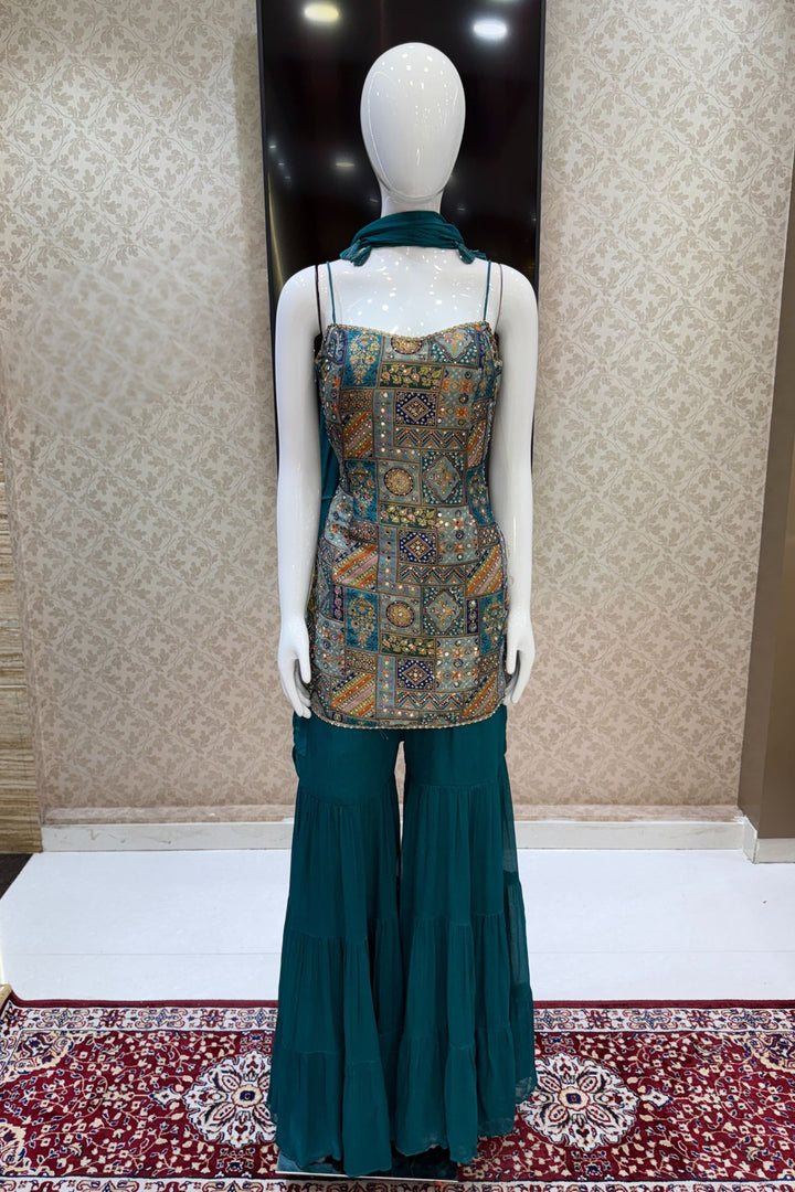 Rama Green Stone, Mirror and Banaras work with Digital Print Sharara Salwar Suit