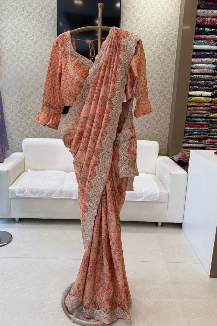 Peach Sequins and Zari work with Digital Print Saree