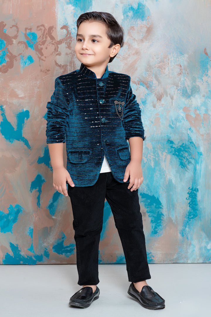 Peacock Green Waist Coat with White T-Shirt and Black Pant Set for Boys