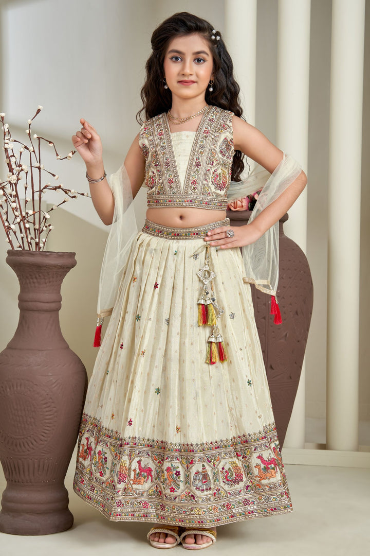 Cream Multicolor Thread, Stone, Zari and Sequins work Lehenga Choli for Girls
