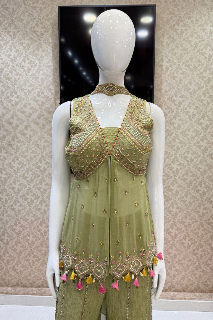 Pista Green Palazzo Salwar Suit with Beads, Sequins, Stone, Thread and Zardozi Detailing