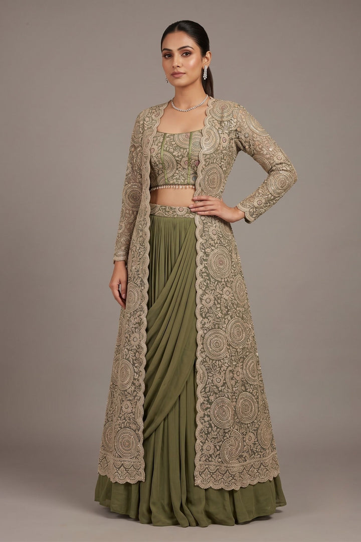 Olive Green Drape Style Lehenga with Sequins, Stone and Zari work Long Overcoat