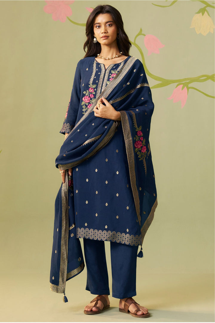 Navy Blue Embroidery, Banaras and Beads work Straight Cut Salwar Suit