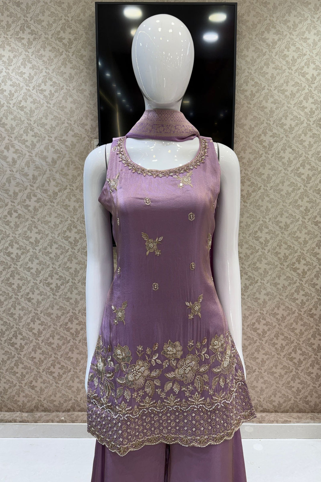 Lilac Beads, Zari and Sequins work Top with Flared Palazzo Set