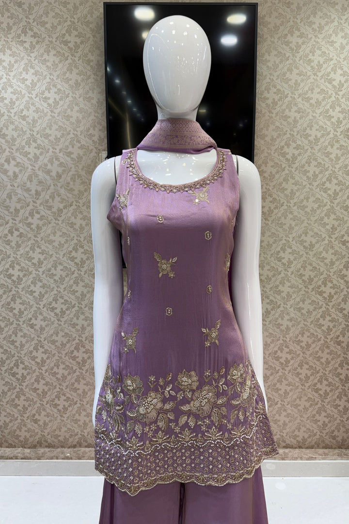 Lilac Beads, Zari and Sequins work Top with Flared Palazzo Set