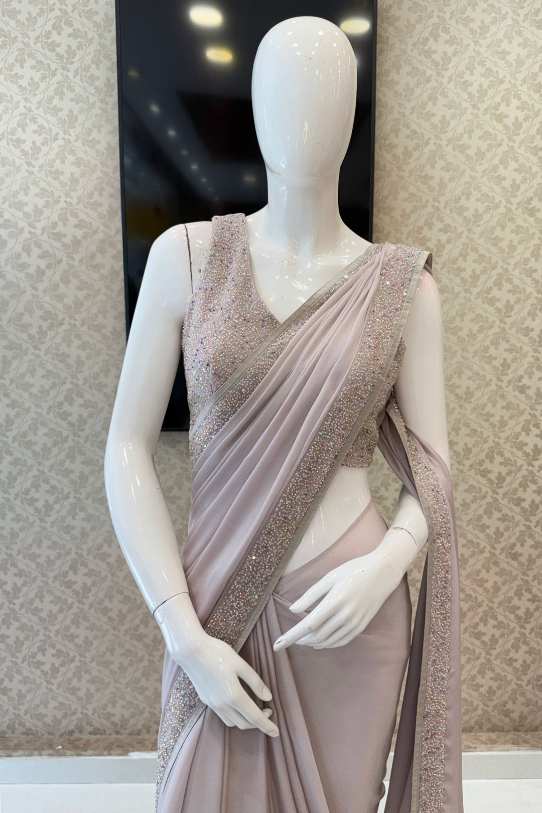 Light Grey Sequins and Beads work Saree