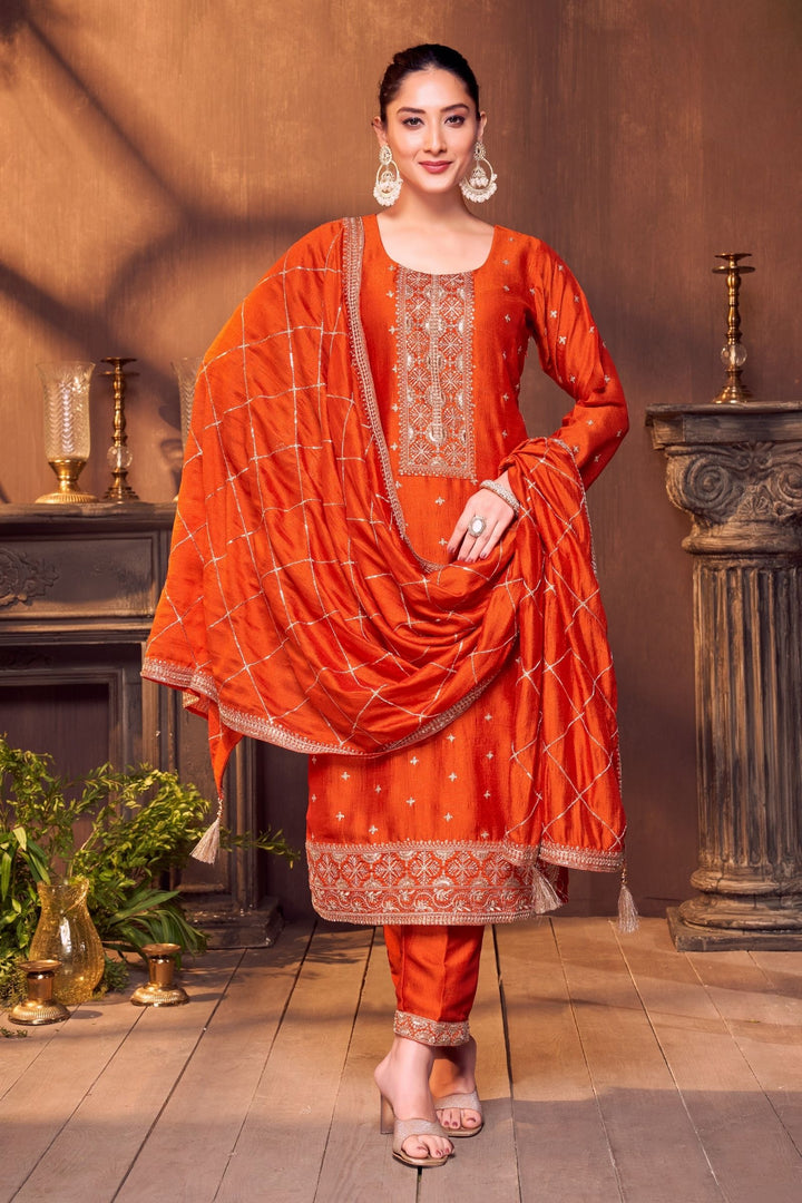 Orange Sequins, Zari and Beads work Straight Cut Salwar Suit