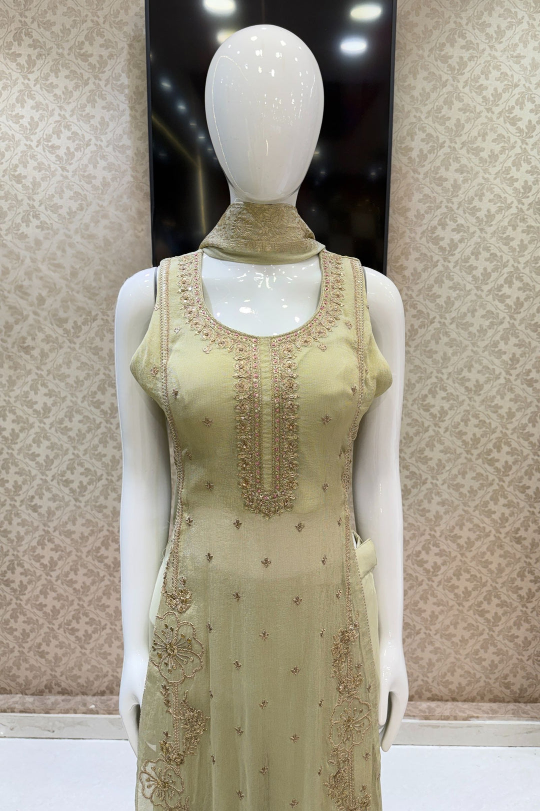 Pista Green Zari and Sequins work High Slit Palazzo Set