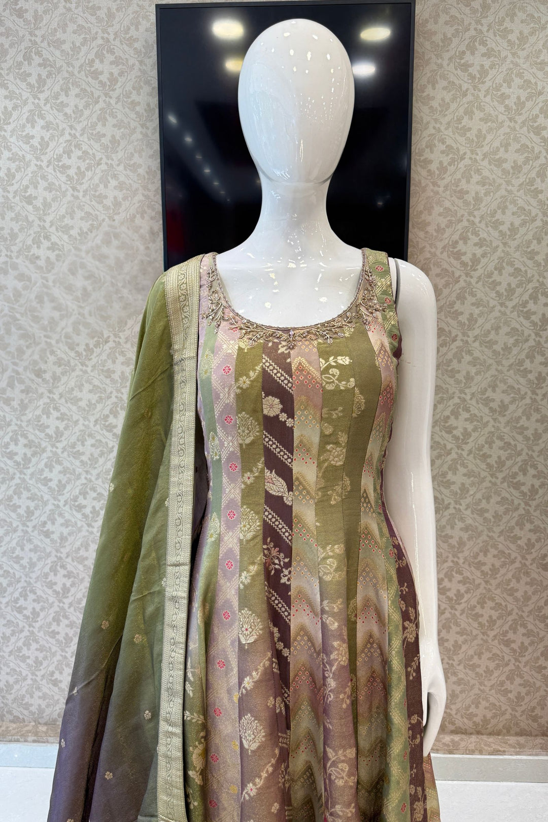Multicolour Banarasi Anarkali Palazzo Set with Zari Dupatta