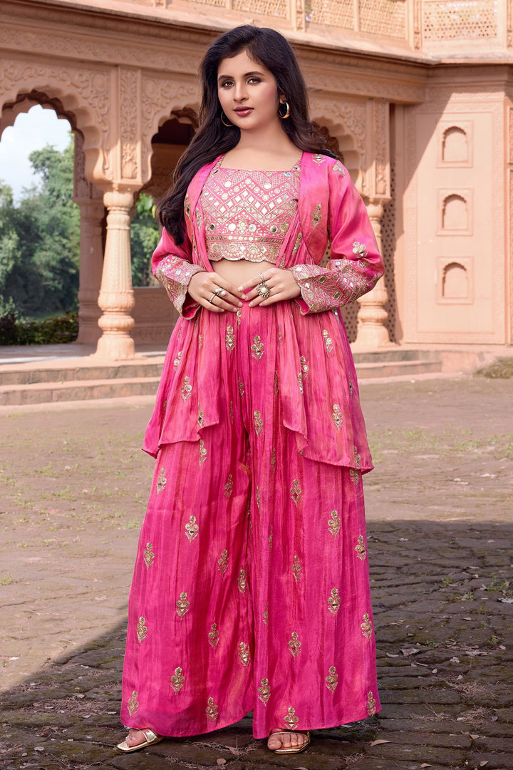 Lotus Pink Sequins and Zari work Overcoat Styled Palazzo Set For Girls