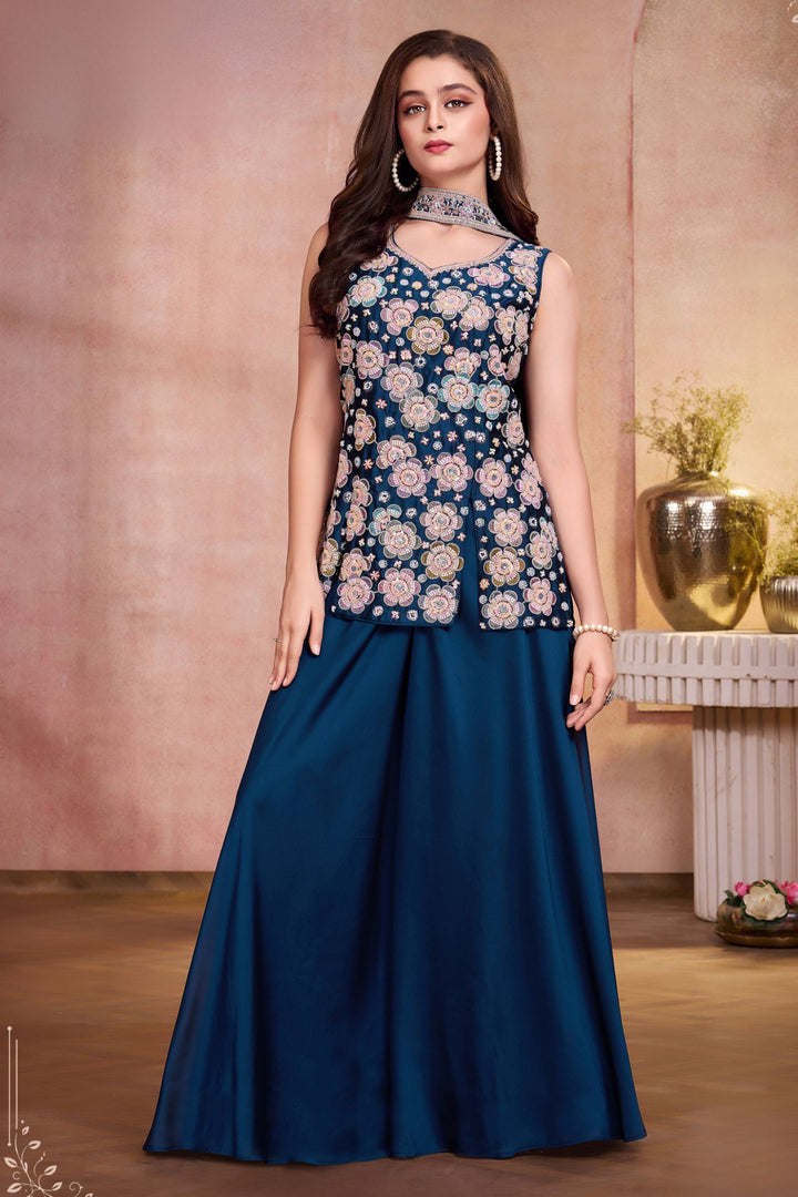 Royal Blue Beads, Thread and Sequins work Palazzo Suit Set for Girls