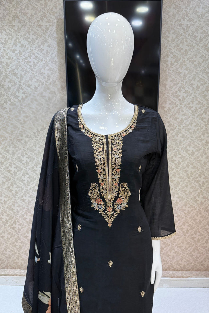 Black Beads, Zari, Sequins and Thread work with Floral Print Straight Cut Salwar Suit