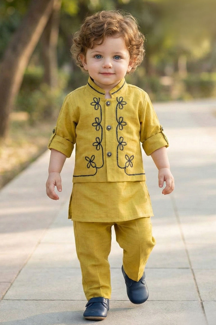 Mustard Thread work Waist Coat Kurta Set for Boys